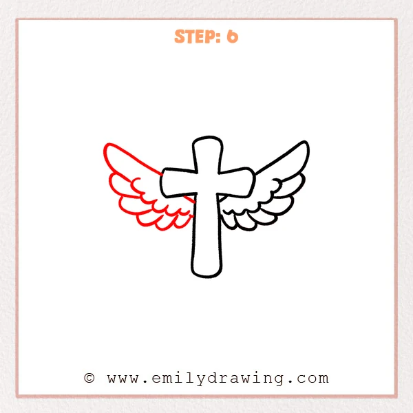 how to draw a cross with wings - A rounded cross with wings on both sides, with layered feathers and scalloped edges creating a balanced winged cross.